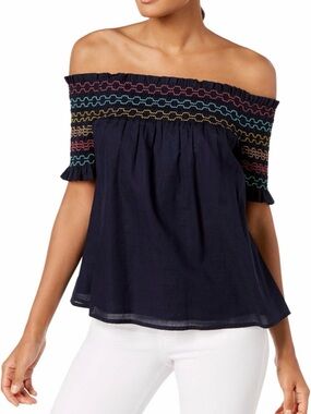 Trina Turk Off-Shoulder Navy Smocked Top with Multicolor Stitching